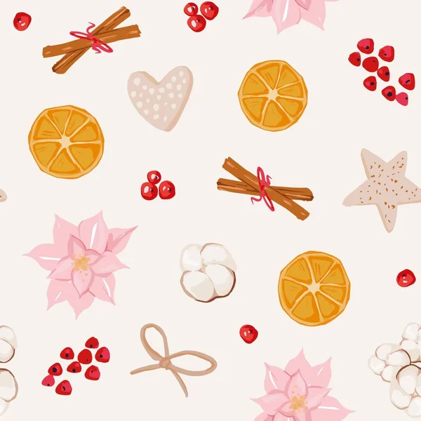 Patrón Vectorial Sin Costuras Navidad Con Naranja Dibujada Mano Algodón — Archivo Imágenes Vectoriales