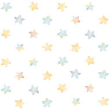 Suluboya desensiz beyaz arka planda nazik altın ve mavi yıldızlar. El yapımı çizimler. Tasarım için, bebek odası, kartlar, çarşaflar, ketenler, duvar kağıdı, vaka tasarımı, posterler
