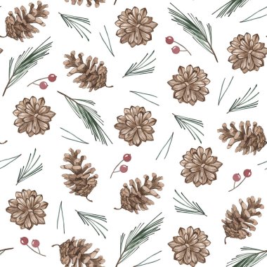 Noel ağacı yeşil köknar ağacı, çam kozalağı, dikişsiz arkaplanda kırmızı dutlar. Yeni yıl arkaplanı. Duvar kağıdı, kartpostal, baskı, davetiyeler, poster, ambalaj, tekstil, çarşaf, keten.