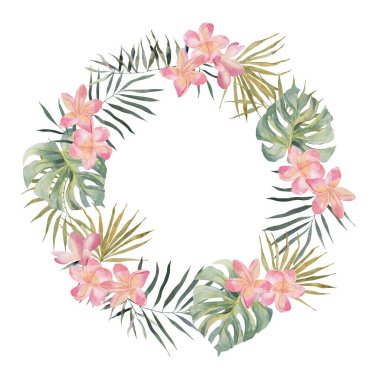 Plumeria, canavar ve palmiye yapraklı çelenk. Suluboya el çizimi. Çerçeve beyaz arkaplanda izole edilmiş. Yaz için çiçek tasarımı, düğün davetiyesi, kayıt tarihi veya tebrik kartı
