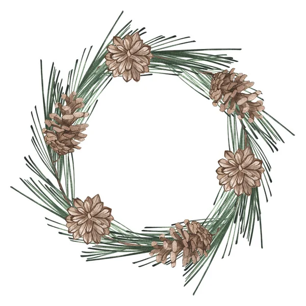 水の色クリスマス緑の針葉樹は花輪を残します 白を基調とした新年のイラストハンドドローイング 休日のカード 冬のポスター バナー 包装紙 デザイン リネン リネンのために — ストック写真