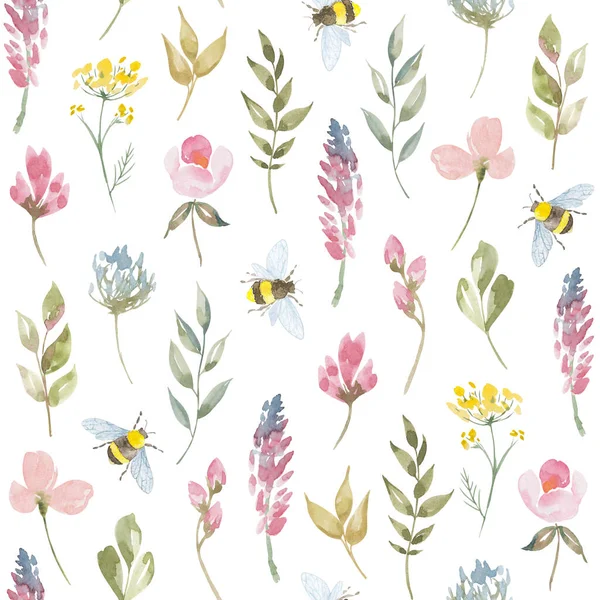 Akvarell Botaniska Sömlösa Mönster Vilda Blommor Och Trädgårdsväxter Handritade Blad — Stockfoto