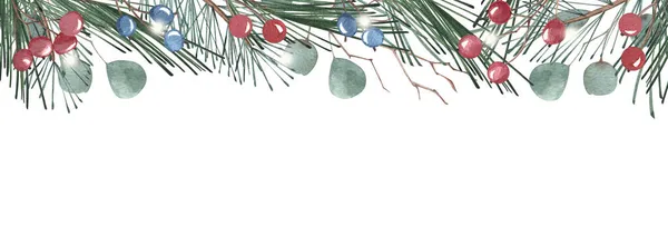 圣诞快乐旗帜和冬季绿叶 桉树和红色 蓝色浆果装饰插图 圣诞背景图片 恭喜你 冬季请柬 — 图库照片