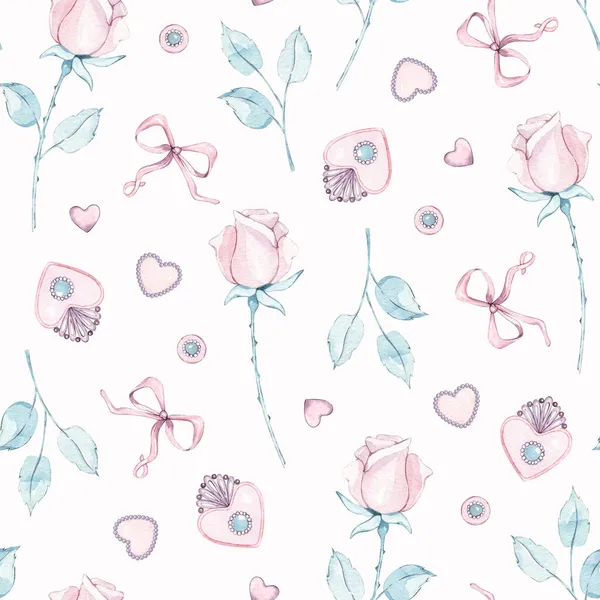 Watercolor Seamless Pattern Rustic Provence Rose Flowers Hearts Bow Leaves — Stock Photo, Image