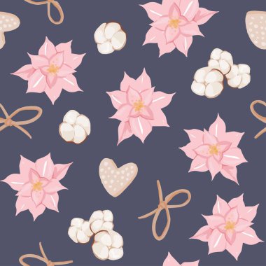 Noel kusursuz vektör desenli el yapımı Poinsettia Çiçekleri, pamuk, tarçın, böğürtlen, zencefilli ekmek. Leylak arkaplanındaki yeni yıl unsurların kutlu olsun. Tebrik kartları, paket kağıtları için..