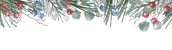 圣诞快乐旗帜和冬季绿叶,桉树和红色,蓝色浆果装饰插图.圣诞背景图片。请柬，恭喜你，冬季请柬 — 图库照片