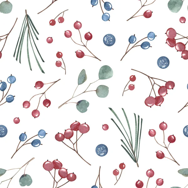 Świąteczny wzór z zielonymi liśćmi, eukaliptusem i czerwonymi, niebieskimi jagodami. Ręcznie robiona ilustracja. Nowe tło roku. na tekstylia, kartki okolicznościowe, tapety, papiery do pakowania, wakacje. — Zdjęcie stockowe