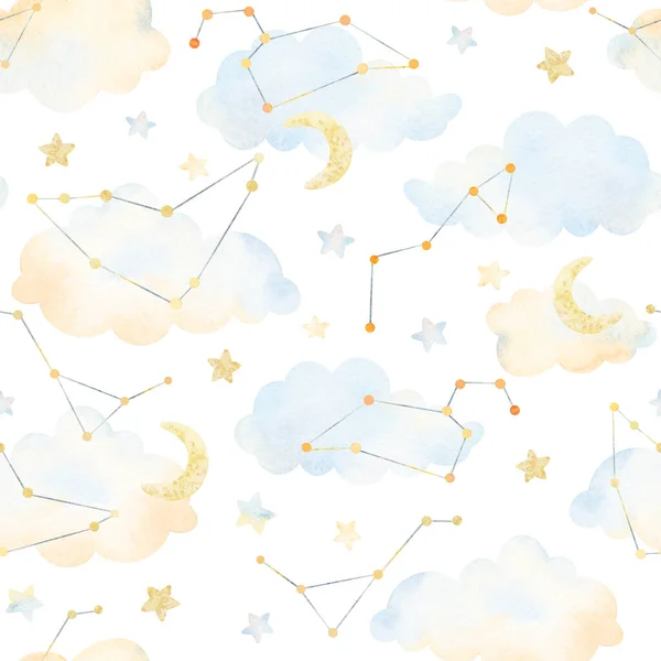 Watercolor clouds, moon, stars, seamless pattern. Watercolor illustrations clip art for nursery decorations. For t-shirt print, wear fashion design, baby shower, kids cards, linens, wall stickers. — Stock Photo, Image