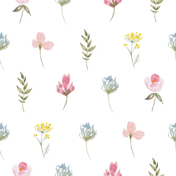 Watercolor botanical seamless pattern Delicate meadow wildflowers. Hand drawn Floral elements. For birthday, wedding card, invitation, greeting, mother day, linen, wrapping paper, wallpaper, textile. — Stock Photo, Image