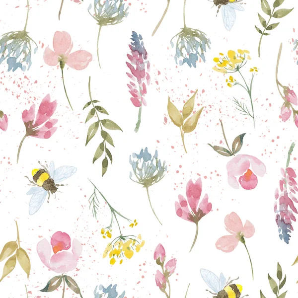 Akvarell botaniska sömlösa mönster vilda blommor och trädgårdsväxter. Handritade blad, rosa blommor, örter och naturliga inslag. För födelsedag, bröllopskort, kärlek, inbjudan, hälsning, mors dag. — Stockfoto