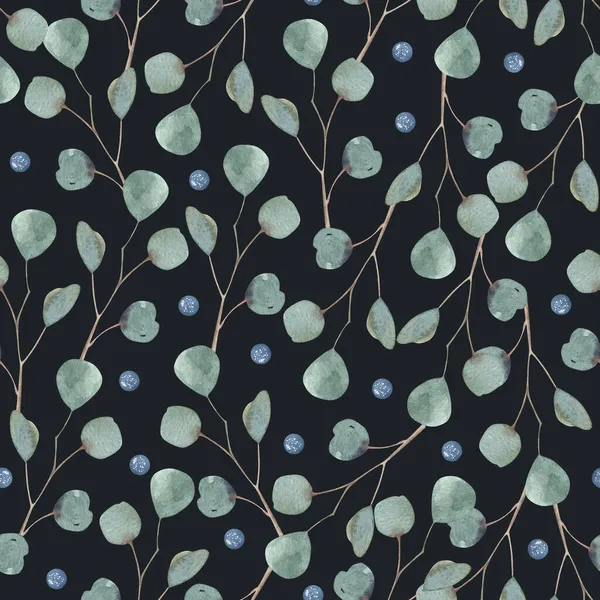 Świąteczny wzór z zielonymi liśćmi, eukaliptusem i niebieskimi jagodami. Ręcznie robiona ilustracja. Nowy rok na ciemnym tle. na tekstylia, kartki okolicznościowe, tapety, papiery do pakowania, wakacje. — Zdjęcie stockowe