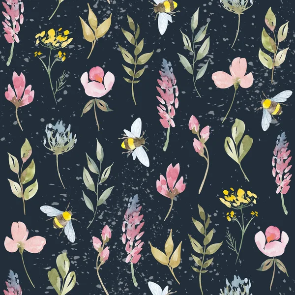 Watercolor botanical seamless pattern meadow wildflowers and garden plants. Hand drawn leaves, pink flowers, herbs and natural elements. For birthday, wedding card, invitation, greeting, mother day
