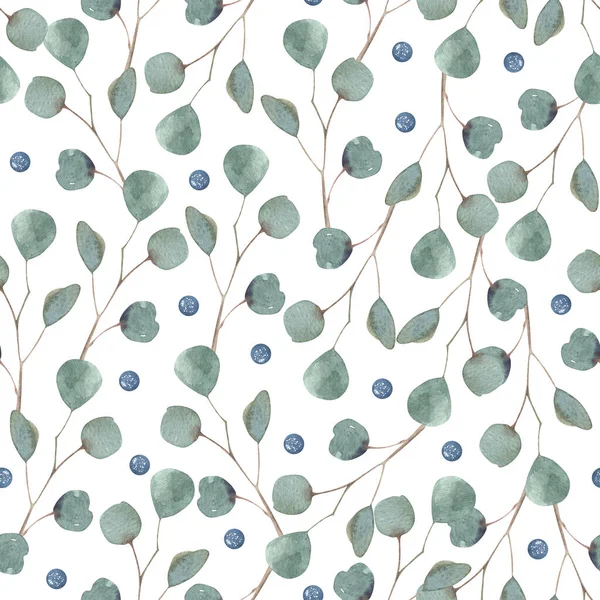 Świąteczny wzór z zielonymi liśćmi, eukaliptusem i niebieskimi jagodami. Ręcznie robiona ilustracja. Nowy rok na białym tle. na tekstylia, kartki okolicznościowe, tapety, papiery do pakowania, wakacje. — Zdjęcie stockowe