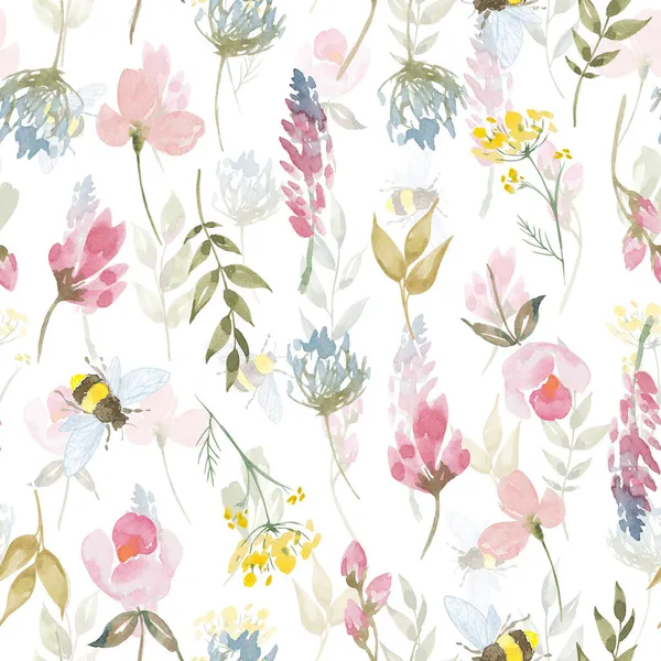 Watercolor botanical seamless pattern wild flowers and garden plants. Hand drawn leaves, pink flowers, herbs and natural elements. For decorations, scrapbooking, cards for birthday, party,baby shower.