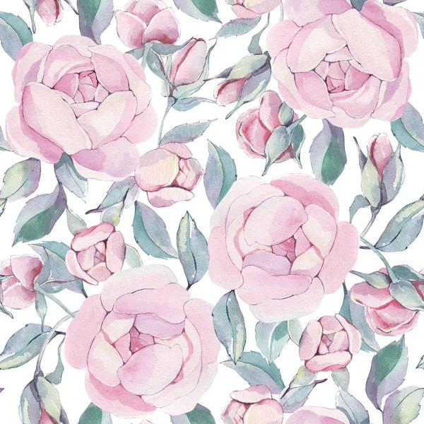 Watercolor pink realism peonies bloom with mint leaves seamless pattern. Botanical hand drawn floral illustration. Textile background. For linens, linen, wrapping paper, wallpaper, card, invitation