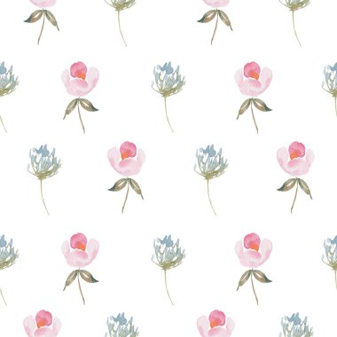Suluboya botanik desensiz, narin çayır çiçekleri. El çizimi çiçek unsurları. Doğum günü, düğün kartı, davetiye, selamlama, Anneler Günü, keten, ambalaj kağıdı, duvar kağıdı, tekstil.
