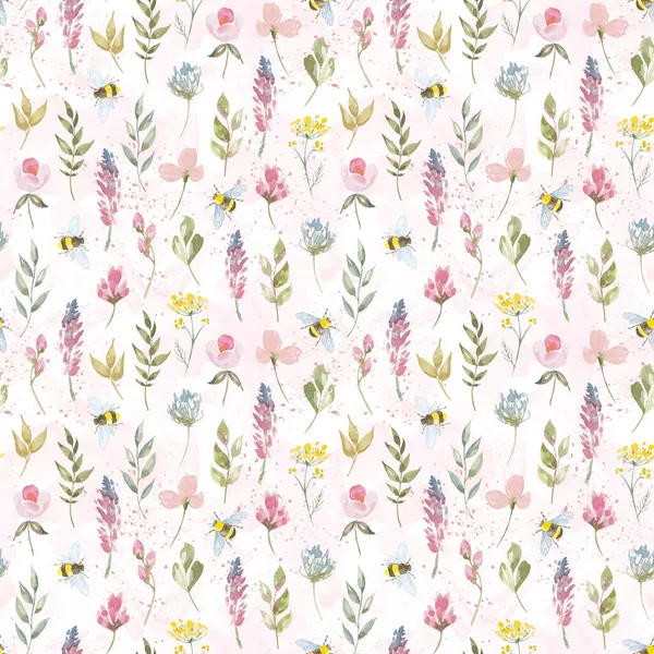 Watercolor botanical seamless pattern wild flowers and garden plants. Hand drawn leaves, pink flowers, herbs and natural elements. For decorations, scrapbooking, cards for birthday, party,baby shower. — Stock Photo, Image