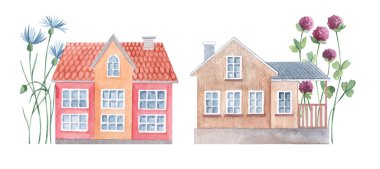 Çiçekli, suluboya, şirin bir köy evi. Eski evler ve parlak el yapımı çayır çiçekleri. Kartpostal, poster, hatıra, çocuk kartları, doğum günü, geçmiş, tebrik kartı, davetiye.