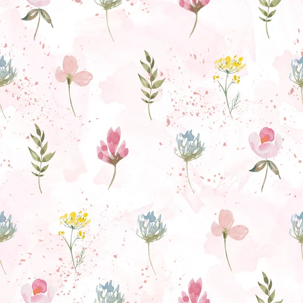 Watercolor botanical seamless pattern wild flowers and garden plants. Hand drawn leaves, pink flowers, herbs and natural elements. For birthday, wedding card, love, invitation, greeting, mother day.