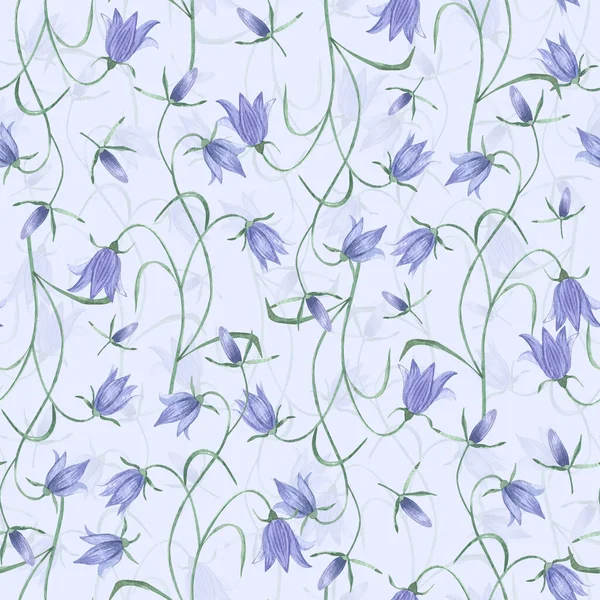 Akvarel botanické bezešvé vzor louky divoké květy Campanulaceae. Ručně kreslené šeříkové květy, přírodní prvky na purpurovém pozadí. K narozeninám, svatební přání, pozvání, pozdrav, Den matek. — Stock fotografie
