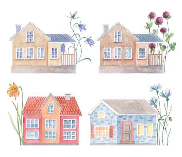 Aquarel schattig landelijk huis met bloemen. Vintage huizen en heldere met de hand getekende weidebloemen. Illustratie voor ansichtkaart, poster, souvenir, kinderkaarten, verjaardag, achtergrond, wenskaart, uitnodiging. — Stockfoto