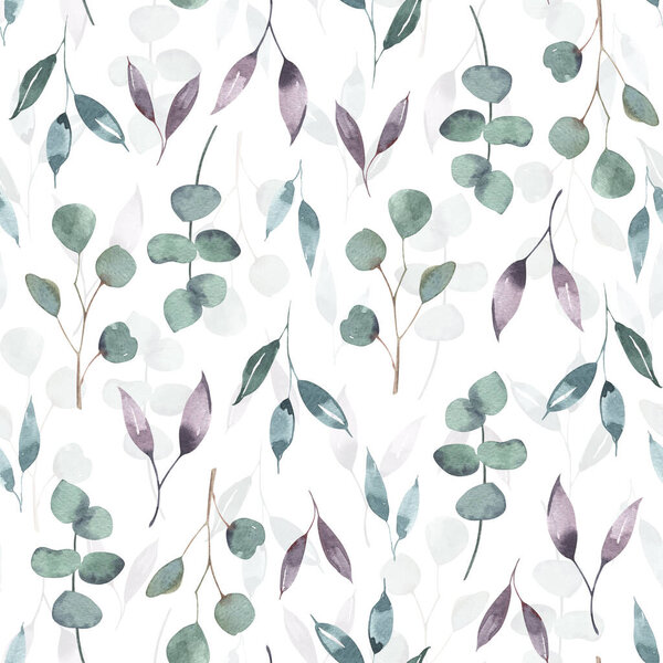 Christmas seamless pattern with green leaves, eucalyptus and blue berries. Hand made illustration. New year on white background. for textile, greeting cards,wallpaper, wrapping papers, holiday.