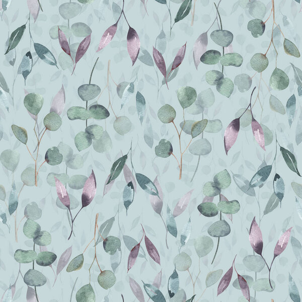 Christmas seamless pattern with green leaves, eucalyptus and blue berries. Hand made illustration on blue background. for textile, greeting cards,wallpaper, wrapping papers, holiday.