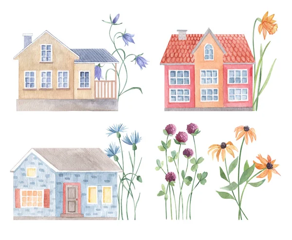Akvarel roztomilý venkovský dům s květinami. Ročníky domů a světlé ručně kreslené louky květin. Ilustrace na pohlednici, plakát, suvenýr, dětské pohlednice, narozeniny, pozadí, Pozdrav, pozvánka. — Stock fotografie