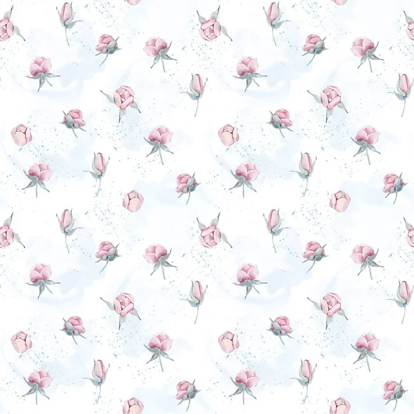 Vintage pink peonies with branches seamless pattern isolated. Watercolor hand drawn floral illustration on a white background. For mother, birthday, valentine, love cards, linen, wrapping.