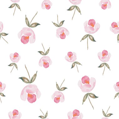 Suluboya botanik desensiz pembe çiçekler. Beyaz üzerine el çizilmiş gül. Çiçek elementleri. Doğum günü, düğün kartı, davetiye, selamlama, Anneler Günü, keten, ambalaj kağıdı, duvar kağıdı, tekstil.