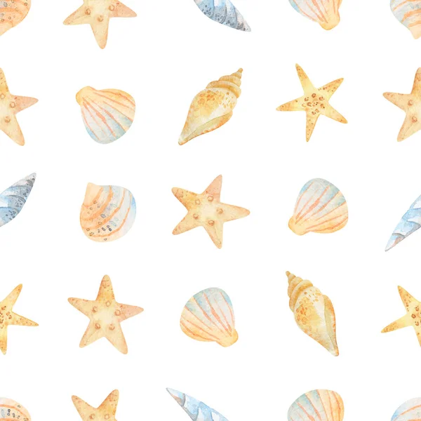 Watercolor sea seamless pattern of starfish, seashells, conch on an isolated white background. underwater world hand drawing, summer clipart. wear design, baby shower, kids cards, linens, wallpaper. — Stockfoto