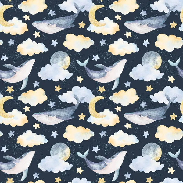 Suluboya balinalar, bulutlar, ay, yıldızlar, kusursuz desenler. Suluboya deniz hayvanları çizimleri. Arkaplan baskısı, giyim tasarımı, bebek partisi, çocuk kartları, çarşaf, duvar kağıdı, tekstil. — Stok fotoğraf