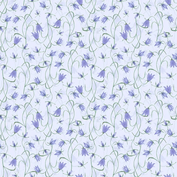 Akvarell botaniska sömlösa mönster äng vildblommor Campanulaceae. Handritade lila blommor, naturliga element på lila bakgrund. För födelsedag, bröllopskort, inbjudan, hälsning, mors dag. — Stockfoto