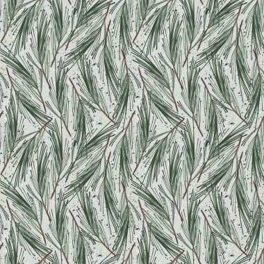 Noel desensiz, tatil suluboya resimli yeşil kozalaklı yapraklar. Botanik kusursuz desen. Yeni yıl arkaplanı. Duvar kağıdı, kartpostal, baskı, ambalaj, tekstil, çarşaf, keten