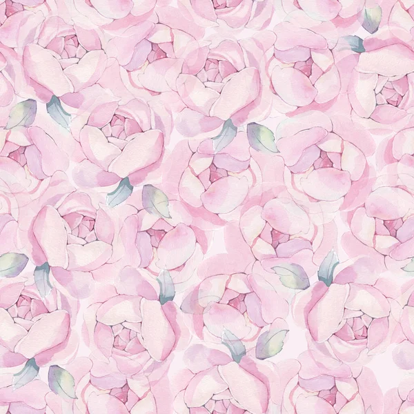 Watercolor pink realism peonies bloom with mint leaves seamless pattern. Botanical hand drawn floral illustration. Textile background. For linens, linen, wrapping paper, wallpaper, card, invitation.