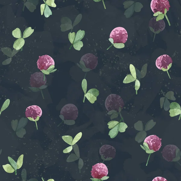 Watercolor botanical seamless pattern meadow wildflowers Clover. Hand drawn lilac flowers, natural elements on dark background. For t-shirt print, wear fashion design, linens, wallpaper, textile. — Stock Photo, Image