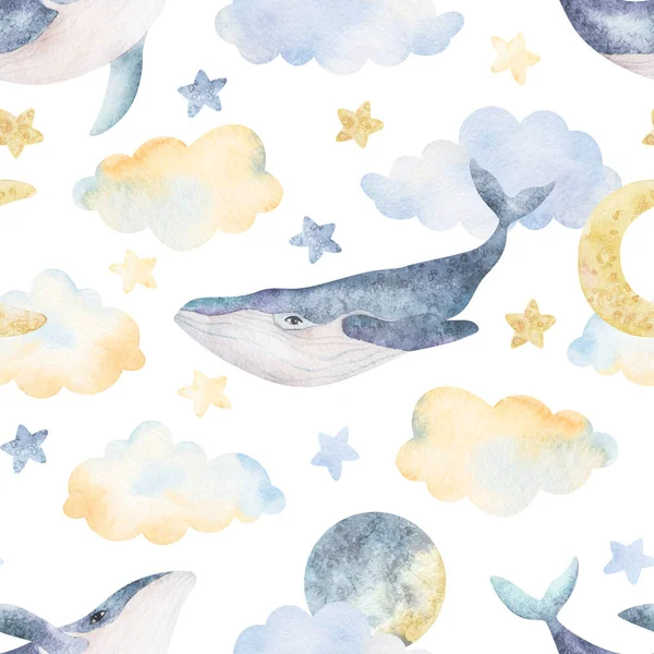 Watercolor whales, clouds, moon, stars, seamless pattern. Watercolor illustrations clip art. For t-shirt print, wear fashion design, baby shower, kids cards, linens, wallpaper, textile. — Foto de Stock