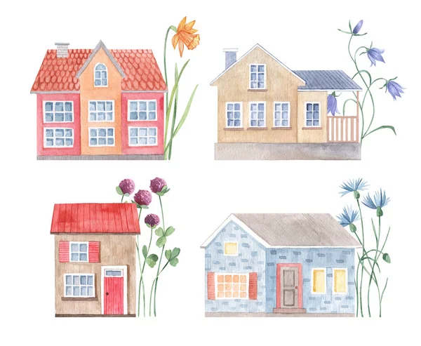 Acuarela linda casa rural con flores. Casas vintage y brillantes florales de prados dibujados a mano. Ilustración para postal, cartel, recuerdo, tarjetas para niños, cumpleaños, fondo, tarjeta de felicitación, invitación. — Foto de Stock