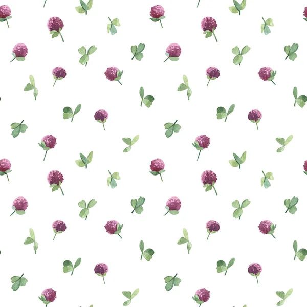 Watercolor botanical seamless pattern meadow wildflowers Clover. Hand drawn lilac flowers, natural elements on dark background. For t-shirt print, wear fashion design, linens, wallpaper, textile.