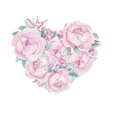 Peonies flowers and buds. Spring, summer heart wreath. botanical illustration rose. Wedding invitation frame, birthday, valentine card. Watercolor hand painted isolated elements on white background.