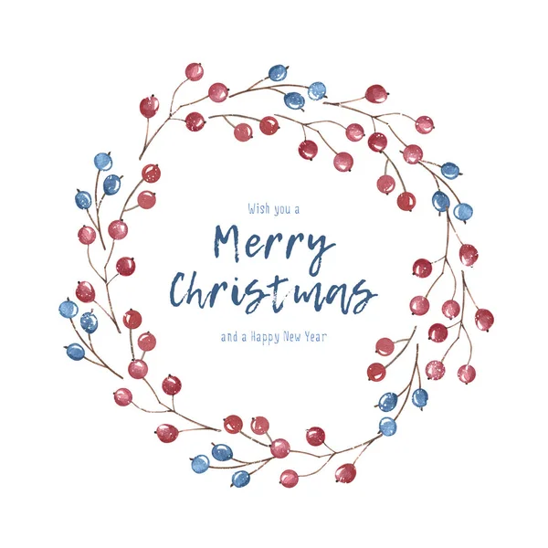 Watercolor christmas wreath with blue and red berries. New year illustration hand drawing isolated on white background. For holidays card, winter poster,banner,wallpaper, wrapping paper, design.