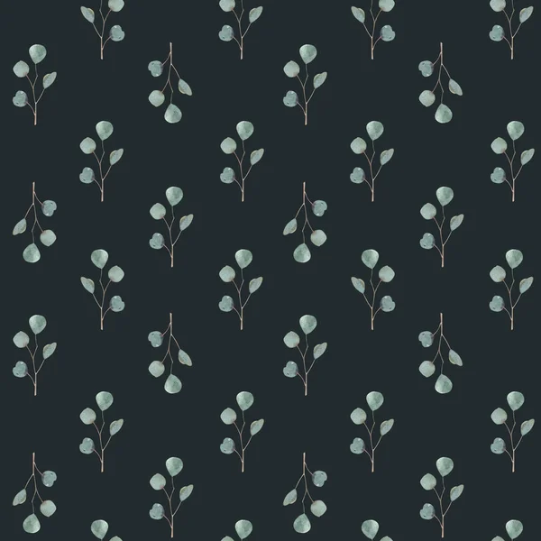 Christmas seamless pattern with green leaves, eucalyptus. Hand made illustration. New year on dark background. for textile, greeting cards,wallpaper, wrapping papers, valentines day, march — Photo