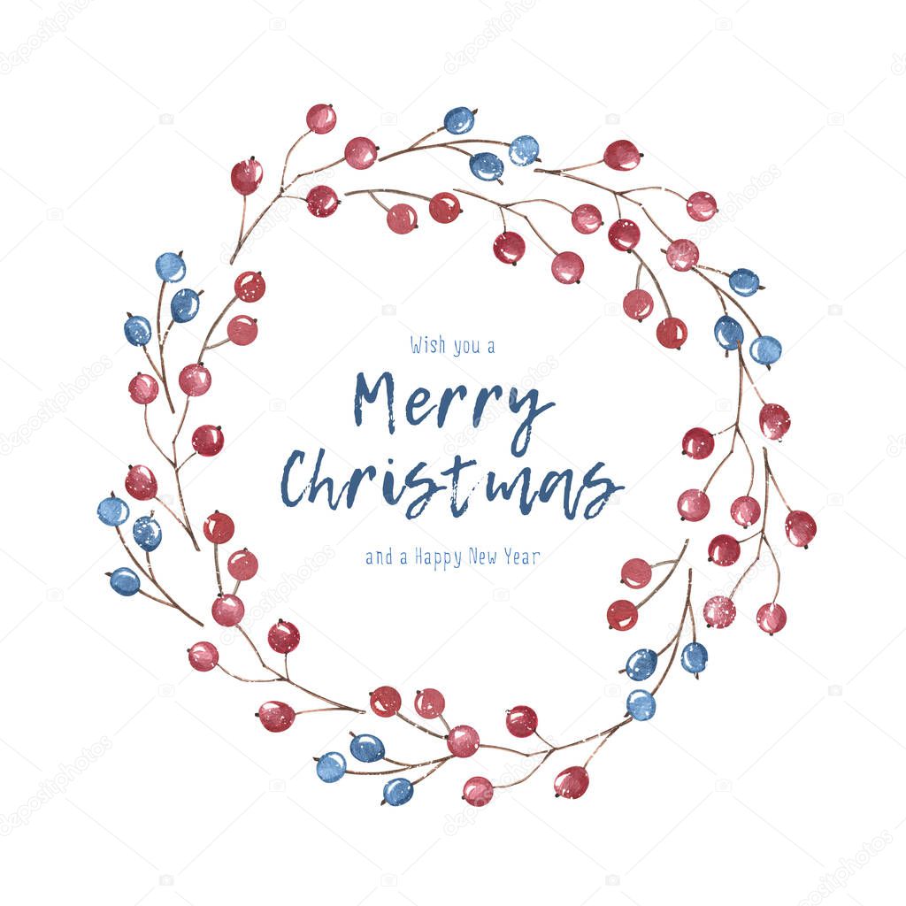Watercolor christmas wreath with blue and red berries. New year illustration hand drawing isolated on white background. For holidays card, winter poster,banner,wallpaper, wrapping paper, design.