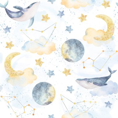 Watercolor whales, clouds, moon, stars, seamless pattern. Watercolor sea animals illustrations. Background print, For greeting card, holiday invitation, postcard, poster, kids, wrapping paper.