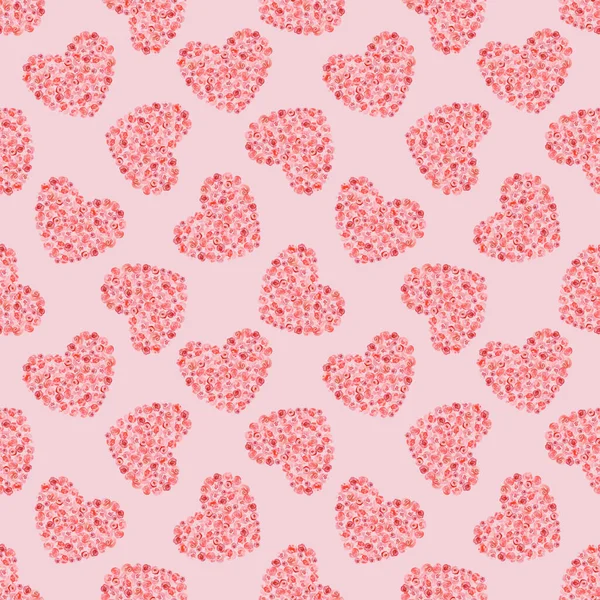 Love textur - sömlöst mönster med röda rosor hjärtan. Kärlek på en rosa bakgrund. Romantisk dekorativ bakgrund för alla hjärtans dag presentpapper, bröllop inredning eller tyg textil. — Stockfoto
