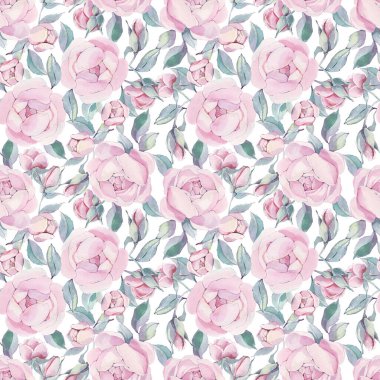 Suluboya pembe gerçekçilik şakayıkları nane yapraklarıyla çiçek açar. Botanik el çiçek çizimi. Tekstil arka planı. Çarşaf, çarşaf, ambalaj kağıdı, duvar kağıdı, kart, davetiye.