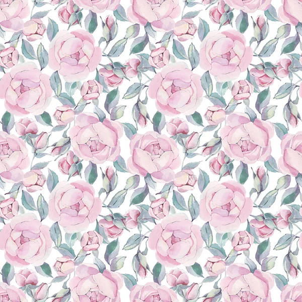 水彩ピンクのリアリズム牡丹がミントの葉でシームレスなパターンを咲かせます。植物手描きの花のイラスト。織物の背景。リネン、リネン、包装紙、壁紙、カード、招待状のために. — ストック写真