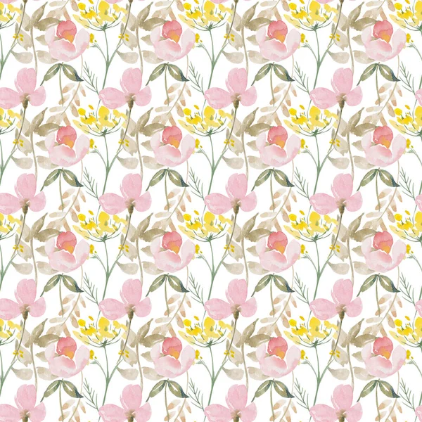 Watercolor botanical seamless pattern Delicate meadow wildflowers. Hand drawn Floral print. For birthday, wedding card, invitation, happy easter, mother day, linen, wrapping paper, wallpaper, textile. — 스톡 사진