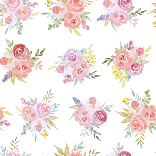 Watercolor botanical seamless pattern wild flowers and garden plants. Hand drawn leaves, pink flowers, herbs and natural elements. For birthday, wedding card, love, invitation, greeting, mother day. — Stock Photo, Image