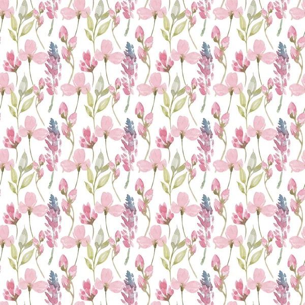Watercolor botanical seamless pattern wild flowers and garden plants. Hand drawn leaves, pink flowers, herbs and natural elements. For birthday, wedding card, love, invitation, greeting, mother day. — Stock Photo, Image
